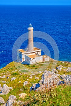 Vertical background of lighthouse overlooking the sea in Italy
