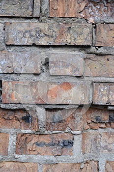 Vertical background old masonry of red brick. Cracks, peeling, voids photo