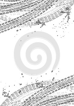 Vertical background with tire wheel marks of cars and splashes. Vector illustration