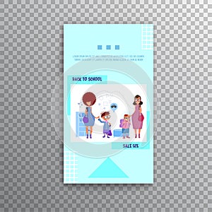 Vertical banner - back to school and sale, flat style with geometric figures and characters