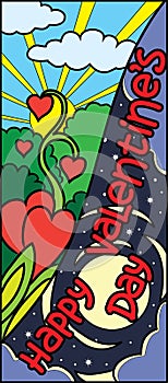 Vertical banner for happy valentine`s day. Hearts-flowers holiday vector design site, valentines day banner with stars moon son