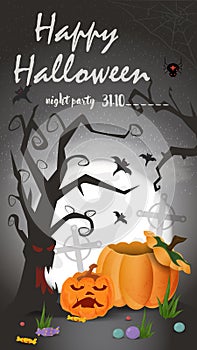 Vertical banner for holiday design on the theme all saints eve Halloween scary tree and pumpkins on the moon background black