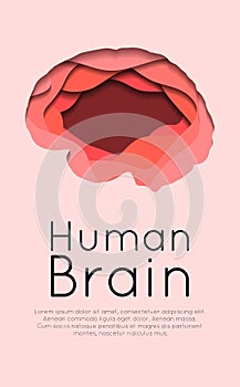 Vertical banner with layered human brain cut out of paper on pink background. Card with paper cut origami. Mental health day.