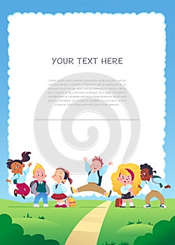 Vertical banner with multiracial happy school kids group with backpacks smiling