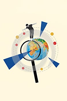 Vertical banner poster sketch minimal collage of excited guy stands on globus looking down learning map continent white