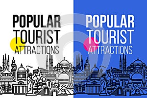 Vertical banner with seamless cityscape of worlds most popular tourist attractions. Modern flat line vector illustration