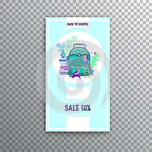 Vertical banner set- back to school and sale, flat style with geometric figures and characters