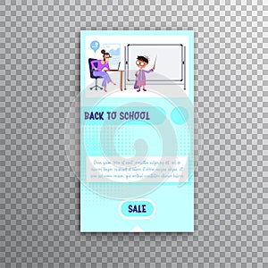 Vertical banner set- back to school and sale, flat style with geometric figures and characters