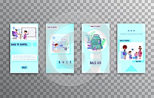 Vertical banner set- back to school and sale, flat style with geometric figures and characters