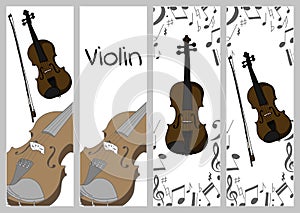 Vertical banners, buisness card template with violin, alt and bow. Isolated vector illustration with musician