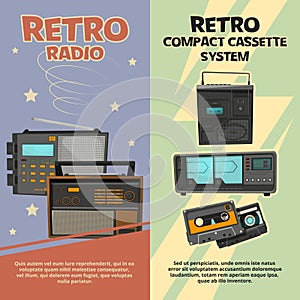 Vertical banners with illustrations of vintage recorders and radios