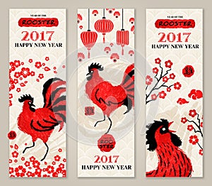 Vertical Banners Set with Hand Drawn Roosters