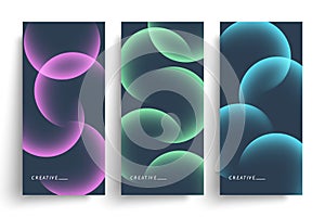 Vertical banners. Set of vibrant color gradient round shapes. Futuristic abstract backgrounds with bright colored spheres.
