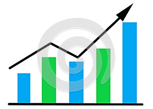 A vertical bar chart with green and light blue bars and black trend arrow pointing up white backdrop