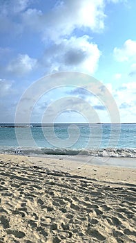 Vertical beach photo of sand and water with blue sky.