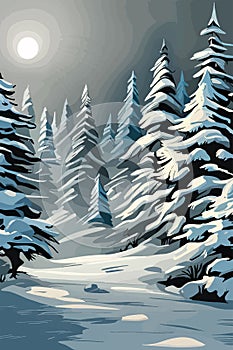 vertical Beautiful view of mountains and trees covered with snow vector illustration