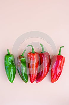 Vertical beige background with ripe mature organic red green bell peppers, harvest of different colores peppers in a row freshly c