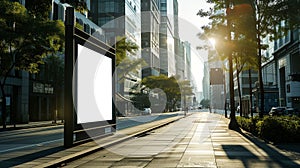 Vertical billboard, Blank screen billboard on city street with sunrise, Mockup, Blank screen for product display