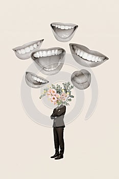 Vertical bizarre photo collage of women mouths smile laugh headless man admirer with flower bouquet instead of head on