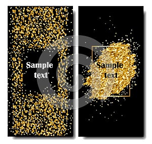 Vertical Black and Gold Banners Set, Greeting Card Design. Golden Dust. Vector Illustration. Happy New Year and