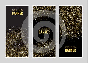 Vertical Black and Gold Banners Set, Greeting Card Design. Golden Dust. Vector Illustration. Poster Invitation Template