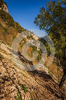 Vertical of the Blanc-Martel hiking trail in La Palud-sur-Verdon, France on a sunny day