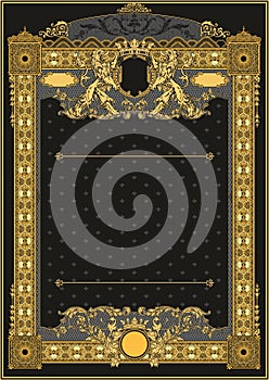 Vertical blank for creating certificates and diplomas in gold tones on a black background. With space for logo overlay and round s