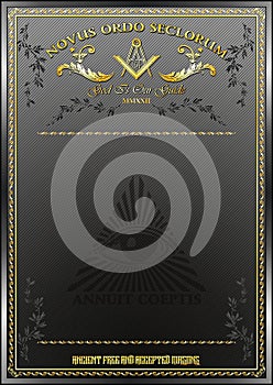 Vertical blank for creating certificates, diplomas or securities, with Masonic symbols. Golden elements on a black background.
