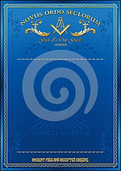 Vertical blank for creating certificates, diplomas or securities, with Masonic symbols. Golden elements on a blue background.