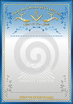 Vertical blank for creating certificates, diplomas or securities, with Masonic symbols. Golden elements on a blue and white backgr
