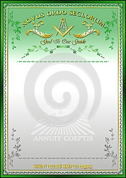 Vertical blank for creating certificates, diplomas or securities, with Masonic symbols. Golden elements on a green and white backg