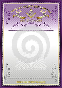 Vertical blank for creating certificates, diplomas or securities, with Masonic symbols. Golden elements on a lilac-white backgroun