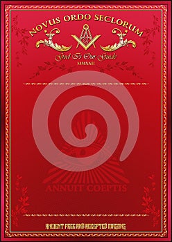 Vertical blank for creating certificates, diplomas or securities, with Masonic symbols. Golden elements on a red background.