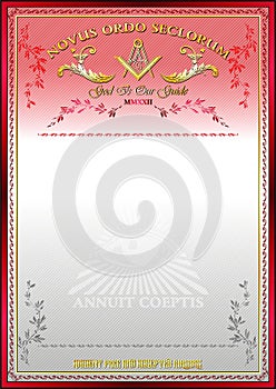 Vertical blank for creating certificates, diplomas or securities, with Masonic symbols. Golden elements on a red and white backgro