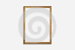 Vertical blank vintage gilded frame with mat on a white background