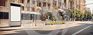 Vertical blank white billboard at bus stop on city street. In the background buildings and road. Mock up. Poster on street next to