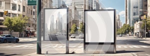 Vertical blank white billboard at bus stop on city street. In the background buildings and road. Mock up. Poster on street next to