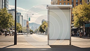 Vertical blank white billboard at bus stop on city street. In the background buildings and road. Mock up. Poster on street next to