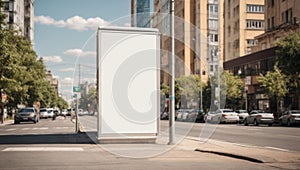 Vertical blank white billboard at bus stop on city street. In the background buildings and road. Mock up. Poster on street next to