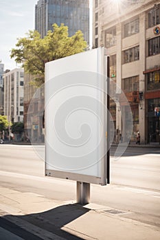 Vertical blank white billboard at bus stop on city street. In the background buildings and road. Mock up. Poster on street next to