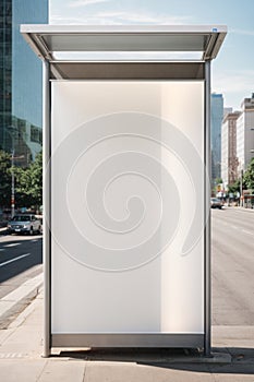 Vertical blank white billboard at bus stop on city street. In the background buildings and road. Mock up. Poster on street next to