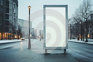 Vertical blank white billboard at bus stop on city street. Generative AI