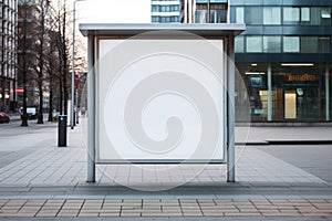 Vertical blank white billboard at bus stop on city street. Generative AI