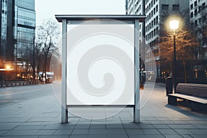 Vertical blank white billboard at bus stop on city street. Generative AI