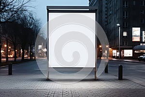 Vertical blank white billboard at bus stop on city street. Generative AI