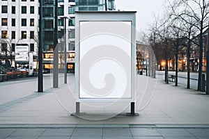 Vertical blank white billboard at bus stop on city street. Generative AI