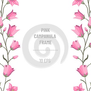Vertical border composition with pink campanulas; flowers frame with pinkbells.