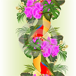Vertical border seamless background small tropical bird with tropical flowers   floral arrangement, with beautiful orchid and
