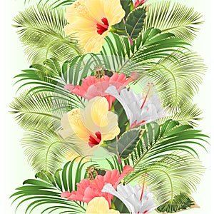 Vertical border seamless background tropical flowers  floral arrangement, with pink white and yellow hibiscus and  palm ficus