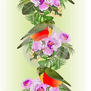 Vertical border seamless background tropical flowers purple and white orchid phalenopsis with small tropical bird   palm,